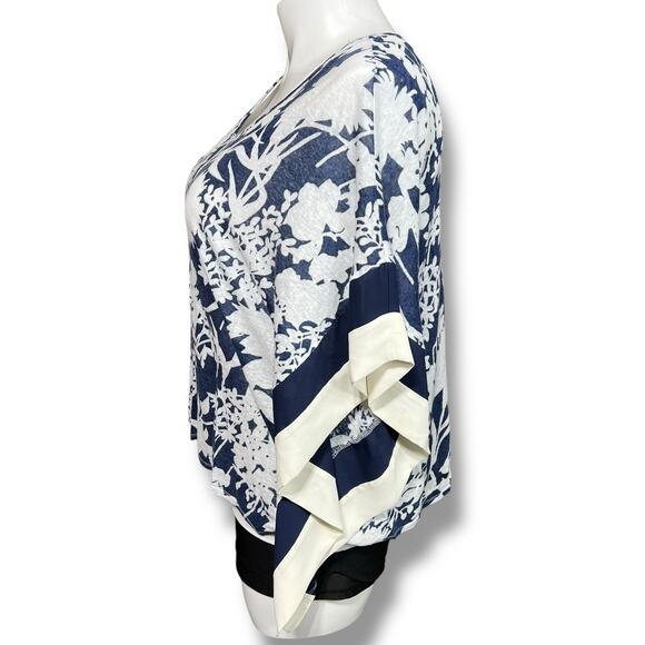 Coldwater Creek Womens Kimono Blouse Shirt Top Linen Floral Pullover Blue White - Picture 5 of 9